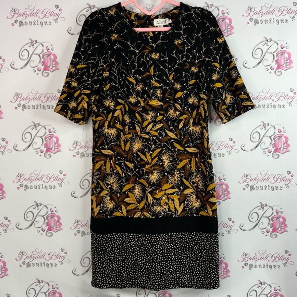 Molly Bracken dress flowers leaf leaves Black and Gold Patterned zip up back